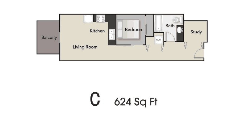 Floor plan for 1 bed, 1 bath, 624 sqft